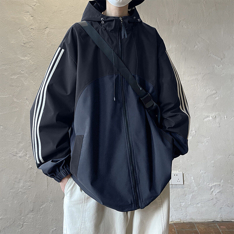 Hong Kong style side striped jacket unisex outdoor windproof hooded jacket