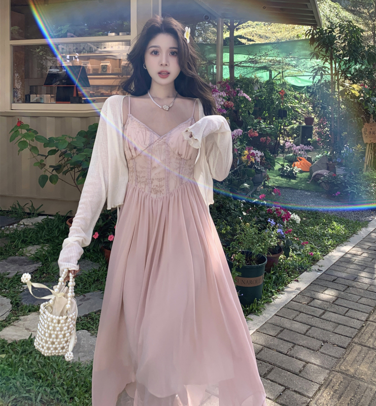 Plus size fat mm French ballet style dress, high-end holiday suspender skirt + knitted cardigan two-piece set