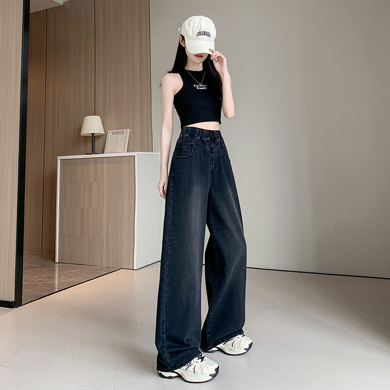Black velvet denim trousers, loose high-waisted straight wide-leg pants, slimming and fattening, plus size women's clothing 230 pounds