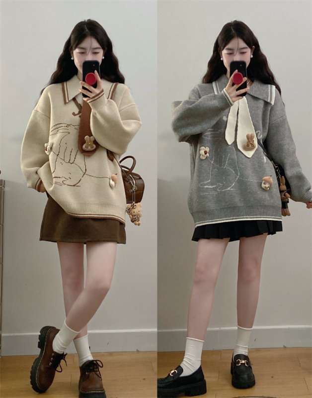 Large size autumn and winter new fat girl lazy style tie knitted sweet and cute doll collar loose sweater