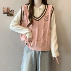 Large size pink fake two-piece sweater autumn and winter new college style design stitching knitted vest top