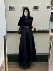 Plus size women's solid color high collar little black dress autumn and winter bottoming skirt fat MM gentle waist dress women