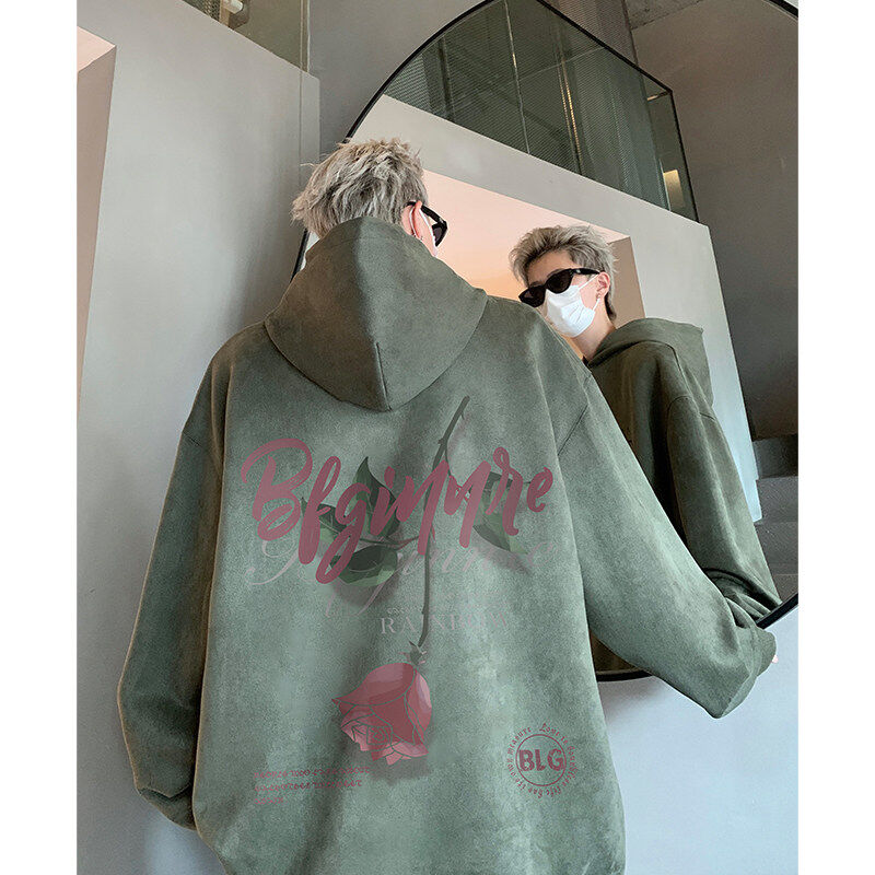 Men's suede hooded sweatshirt autumn and winter loose couple hoodie oversize American jacket