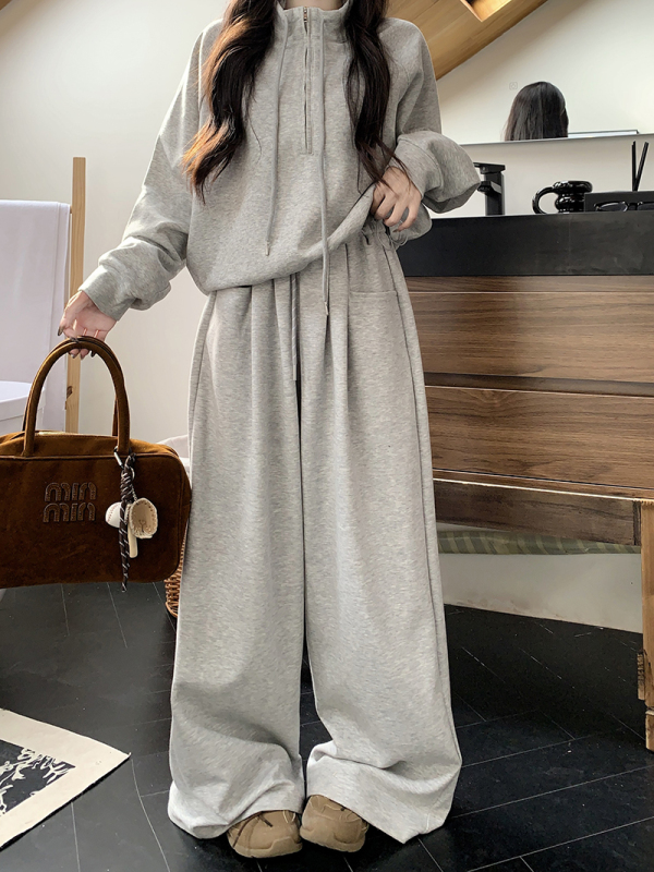 2024 autumn lazy casual gray pullover sweatshirt + high-waisted loose wide-leg pants and drapey floor-length pants