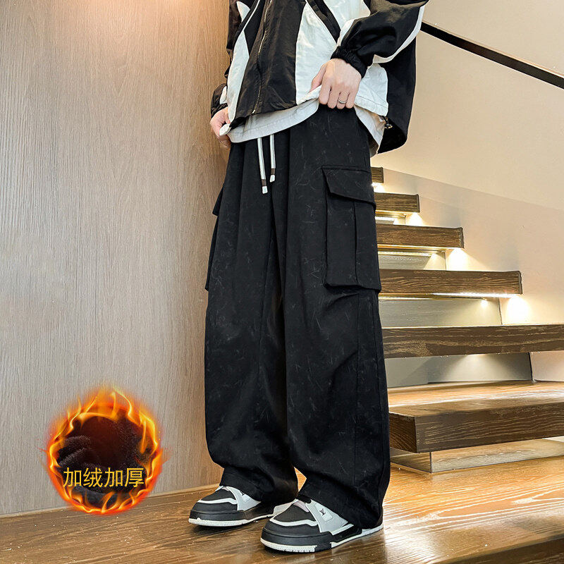 Winter new style velvet thickened casual floor mopping pants for men, loose tie-dyed dirty cloth workwear machete pants