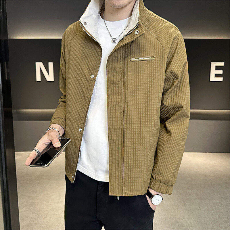 Men's casual letter hem drawstring mature versatile trendy stand collar jacket