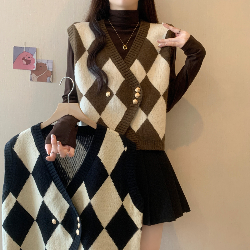 2024 new autumn and winter plus size women's fat mm square knitted vest high collar bottoming shirt top two-piece set