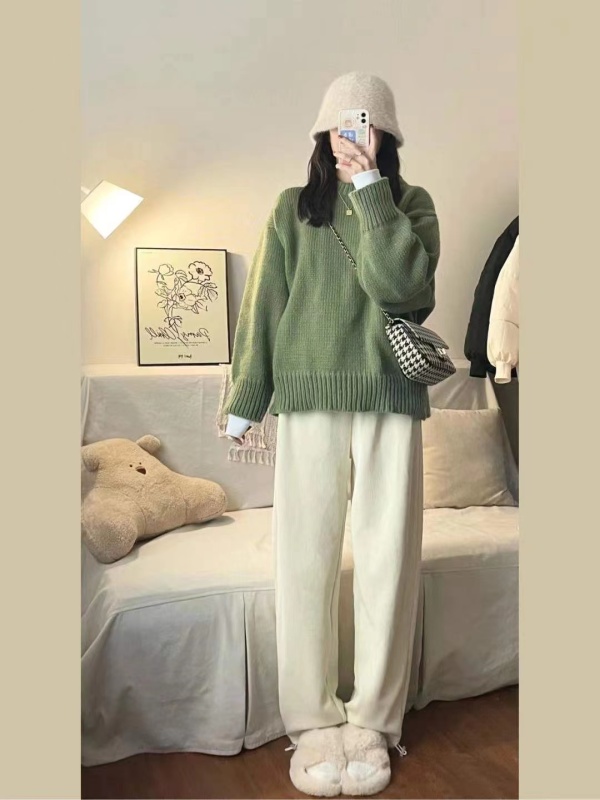 American retro green sweater autumn and winter large size loose outer wear lazy style niche pullover knitted top