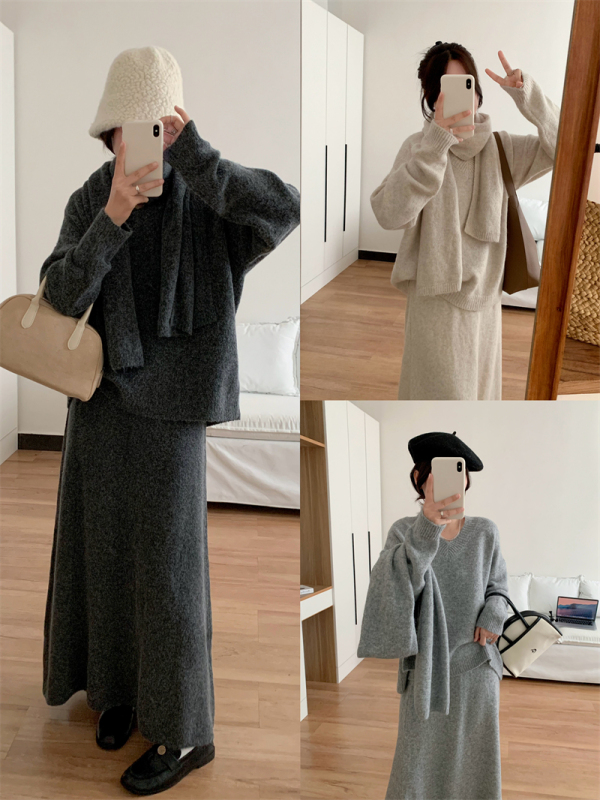 Large size autumn and winter new fashion suit Korean version slimming and lazy style knitted sweater skirt free scarf
