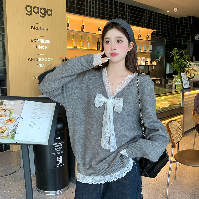 Plus size fat mm modified right shoulder V-neck lace bow long-sleeved sweater pullover with knitted sweater Korean style