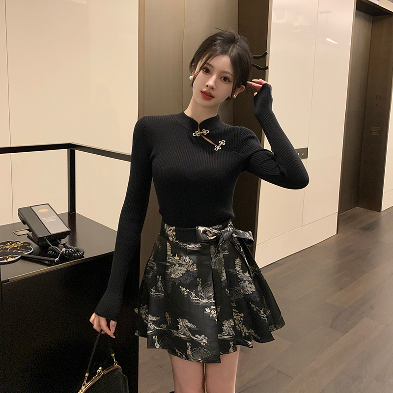 Plus size women's new Chinese style bottoming shirt top with knitted sweater and horse skirt two-piece set