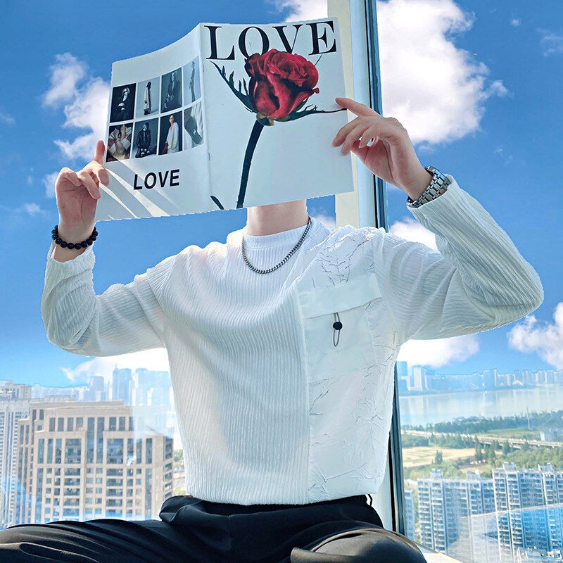 Autumn social young man's high-end trendy splicing bottoming long-sleeved T-shirt for men in white