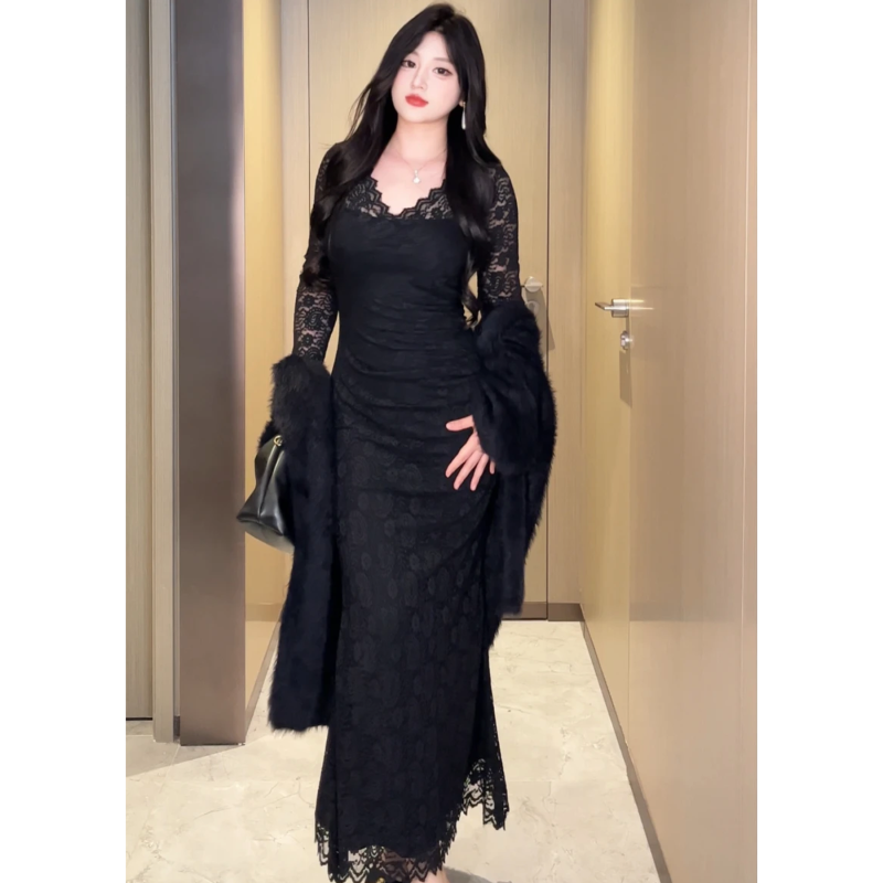 Lanlan- Victoria Harbor Tingfeng Black hottie long-sleeved lace dress with slim waist and stylish suit