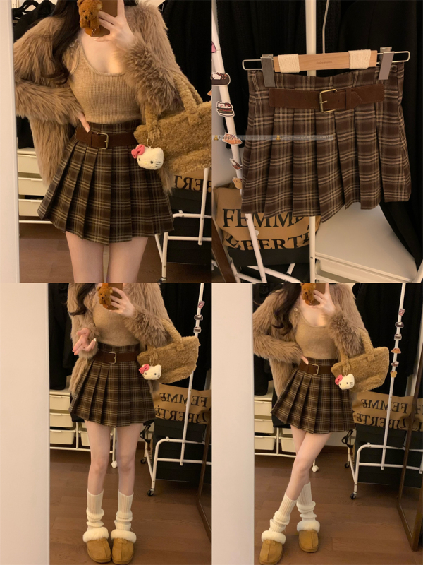 Large size American retro pleated plaid skirt autumn and winter new coffee color plaid A-line skirt