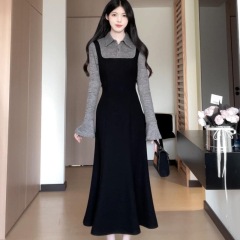 Large size French Hepburn style fake two-piece black dress autumn 2024 new style temperament waist slimming A-line skirt