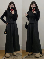 Ready stock plus size women's clothing for fat mm autumn and winter fashionable simple woolen vest nine-point wide-leg pants three-piece set
