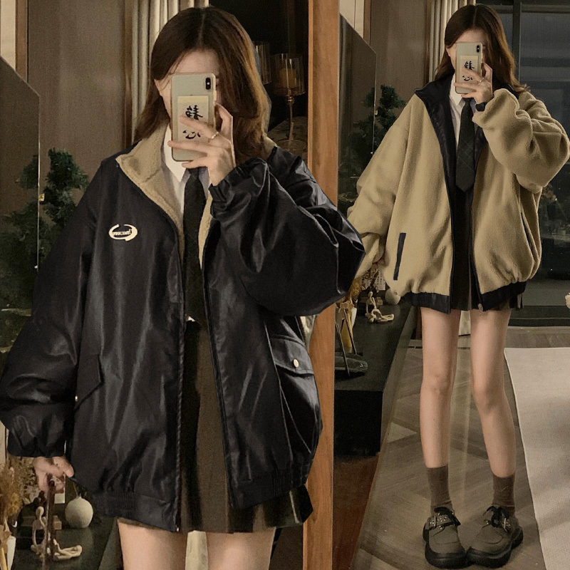 American retro velvet thickened motorcycle cotton jacket Maillard brown PU leather jacket reversible sherpa jacket