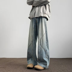 Deconstructed work jeans, wide straight-leg splicing pants, American retro straight-leg pants