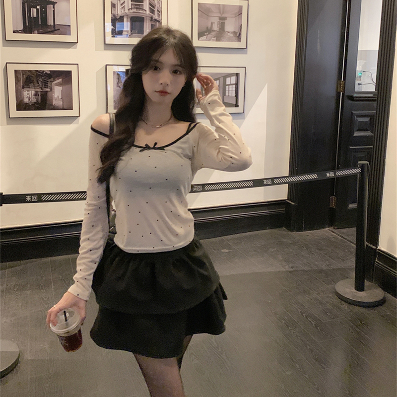 2024 spring sweet and slim fit one-line collar micro-permeable wave dot bottoming top two-piece set versatile shirt