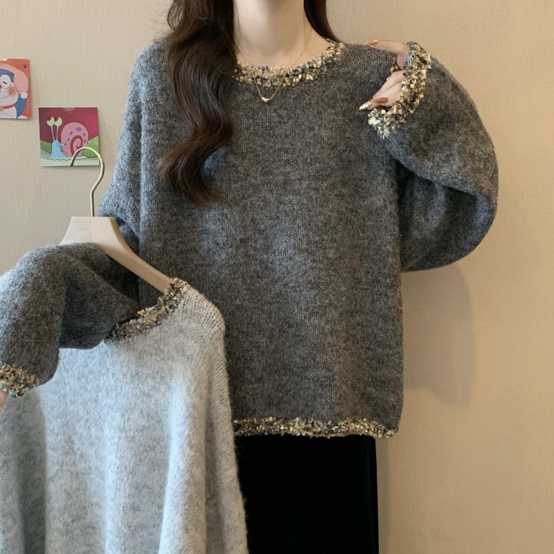 French style heavy industry gray beaded round neck sweater for women autumn and winter raccoon velvet knitted outer wear high-end top