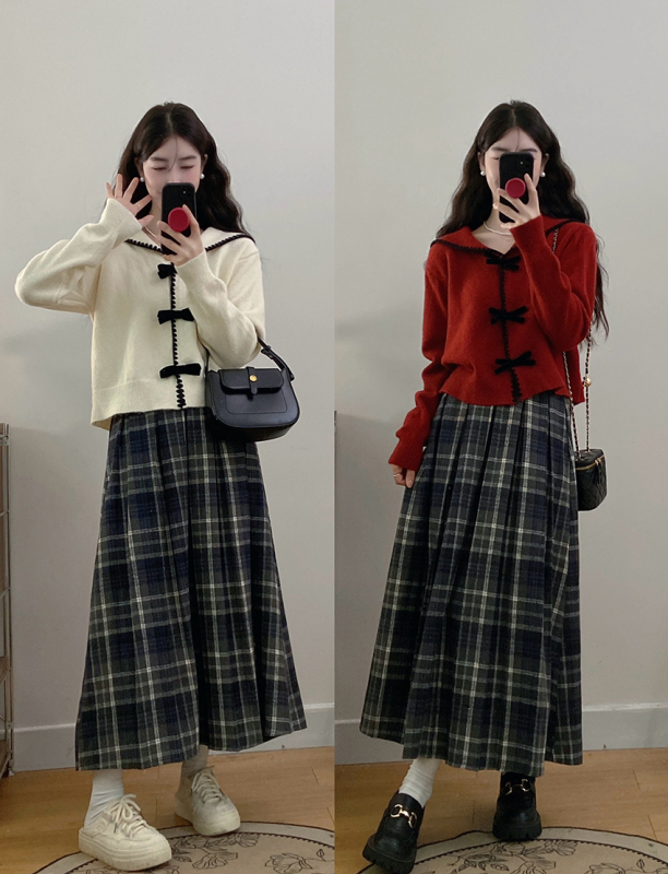In stock 2024 autumn and winter new large size sweet bow contrast knitted cardigan + plaid skirt