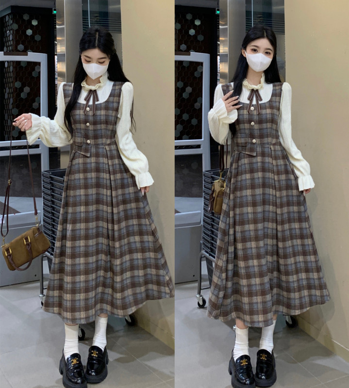 Plus size fat mm autumn and winter plaid splicing lace fake two-piece high waist slimming dress long skirt