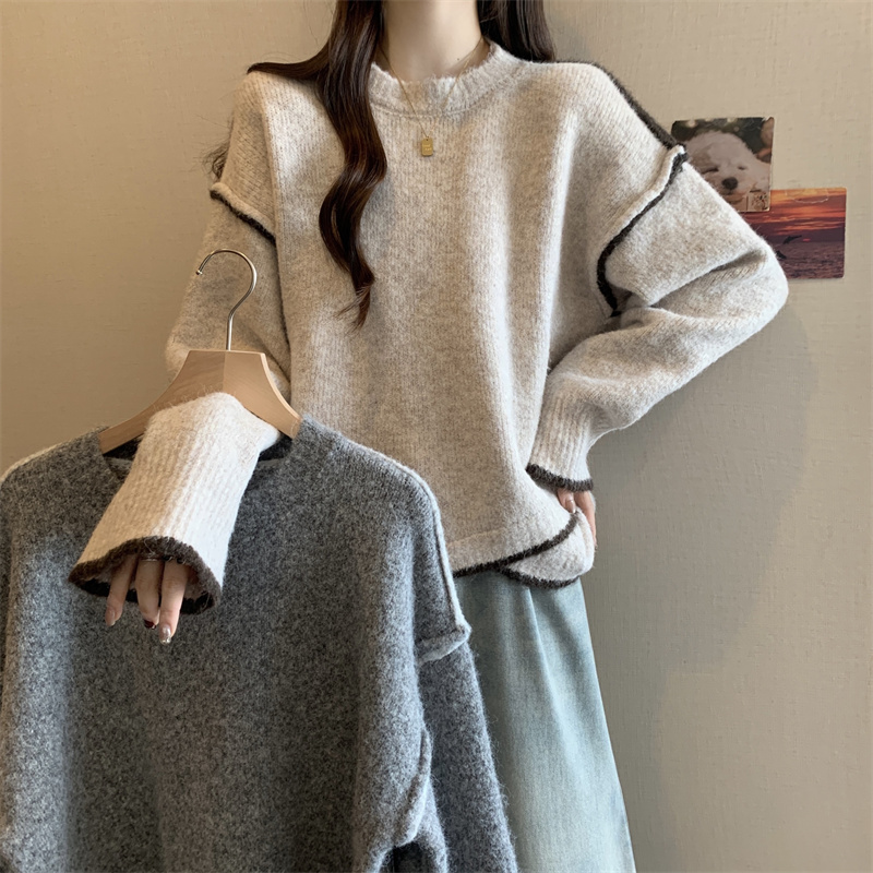 Large size autumn and winter Korean style irregular contrasting color casual thickened sweater slimming lazy style sweater
