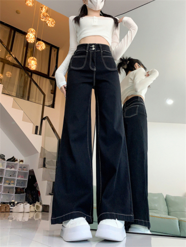 Black straight jeans for women autumn new large size fat mm loose slimming pear-shaped body high-waisted wide-leg pants