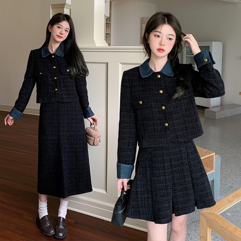 2024 winter new plus size women's small fragrant style fake two-piece cotton denim splicing jacket pleated skirt long skirt suit