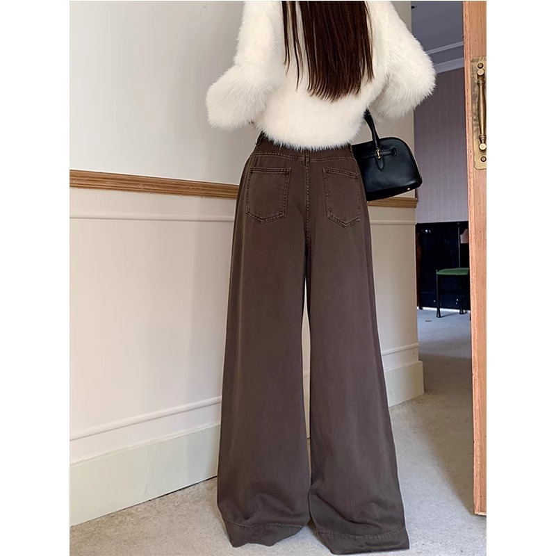 Plus size women's American retro wide leg jeans autumn new fat mm high waist slim casual loose floor mopping pants