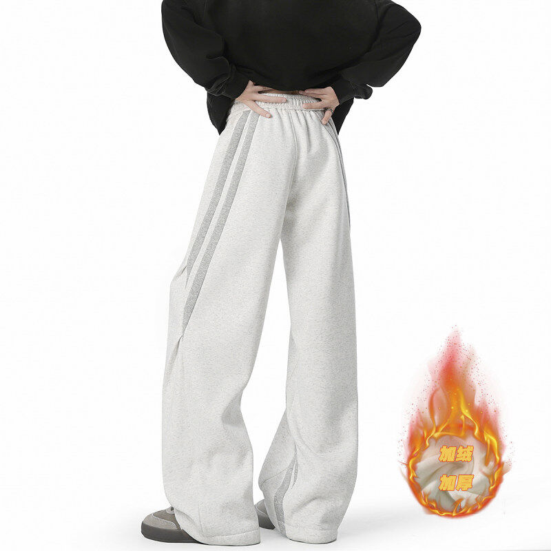American striped splicing casual pants plus velvet thickened sweatpants
