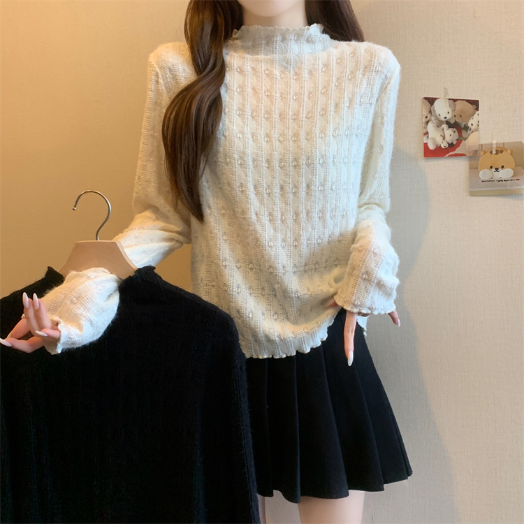 Spot large size autumn and winter new versatile half-high collar jacquard brushed bottoming long-sleeved slimming top