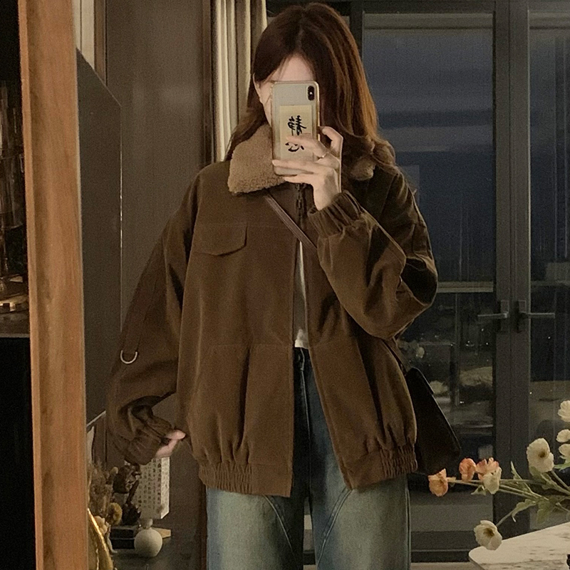 Lamb wool lapel suede quilted jacket for women winter new style American retro loose slimming cotton clothing trend