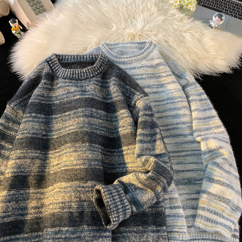 Autumn and winter Hong Kong style sweater thickened lazy style loose jacket men's striped knitted sweater bottoming shirt