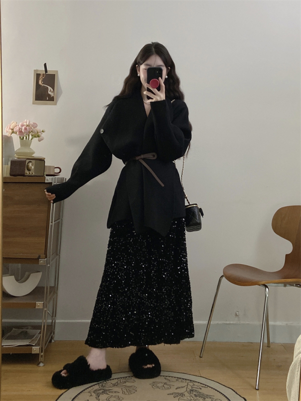 Plus size fat mm street skirt suit women's autumn and winter sequined butt-covering skirt covering belly and hidden flesh skirt two-piece top