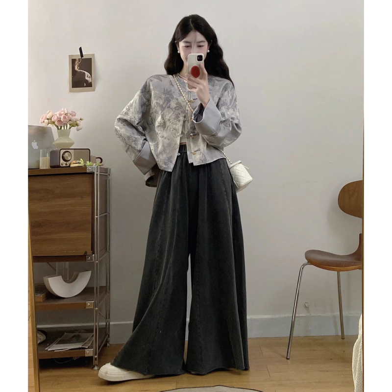 New Chinese style national style suit for women, plus size, slightly chubby mm, slim short coat, wide leg pants, age-reducing autumn outfit, complete set