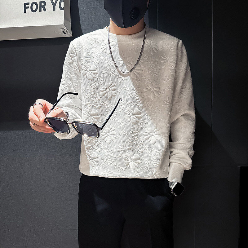 Textured jacquard sweatshirt for men, trendy, high-end, handsome, social boy, shop owner style