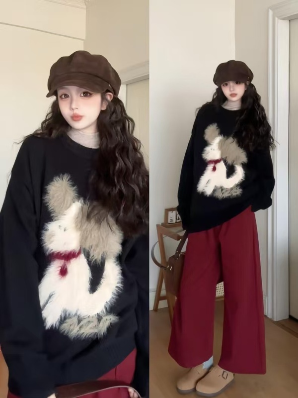 Korean style college style furry puppy jacquard pullover sweater for female students in autumn and winter loose slimming round neck sweater