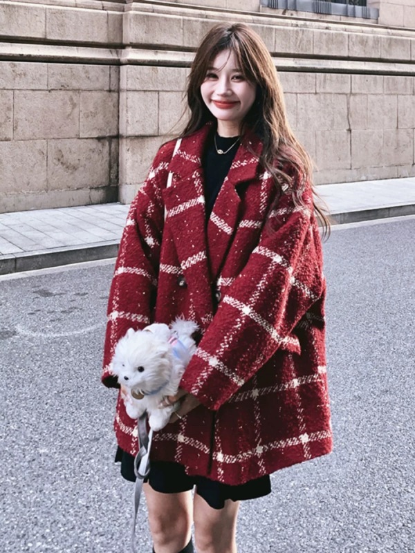 Loose large size cotton small fragrance versatile red plaid woolen coat for women autumn and winter mid-length woolen coat