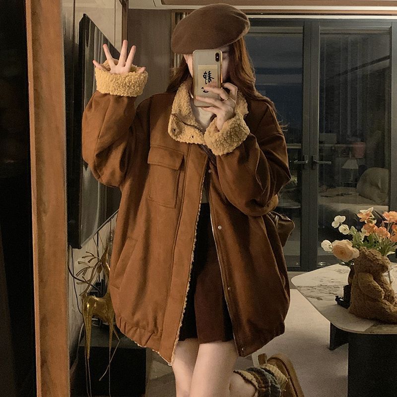American lambswool Maillard suede cotton coat Ami khaki warm thickened jacket for women trendy