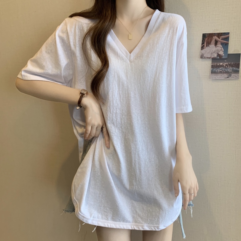 Fat girl large size right shoulder V-neck short-sleeved T-shirt design niche slimming belly-covering top