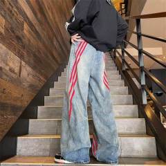 Trendy brand striped design wide-leg loose jeans washed retro American high street pants