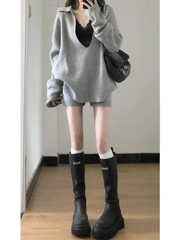 Autumn versatile casual and comfortable style slim versatile knitted sweater and shorts set original