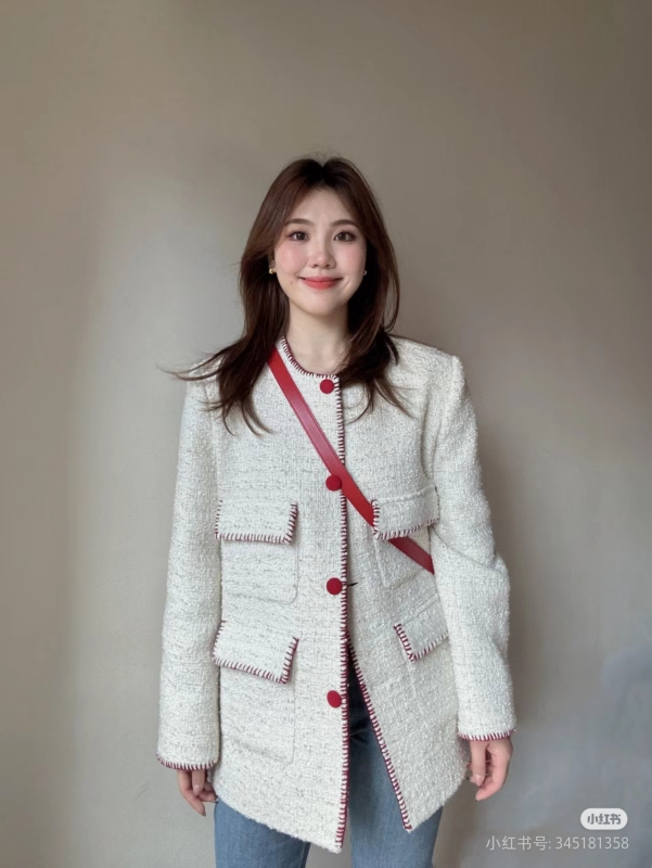 Fat MM wool tweed white French handmade topstitched small fragrant jacket for women in autumn and winter quilted thickened solid color