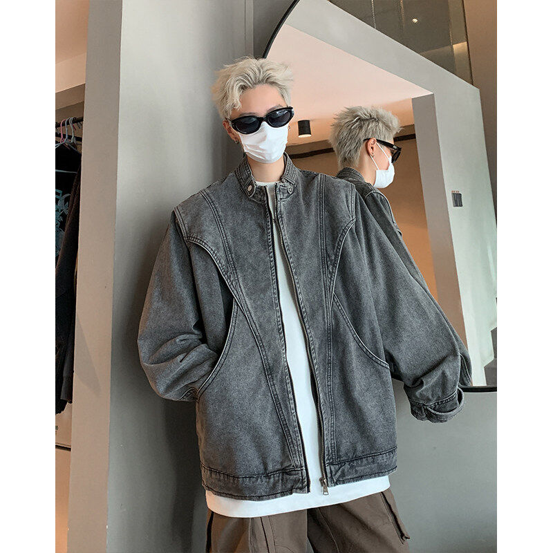 American trendy men's stand-collar jacket, autumn loose washed denim jacket, trendy Hong Kong style jacket
