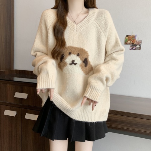Large size puppy jacquard sweater women's autumn and winter lazy high-end V-neck slim sweater top