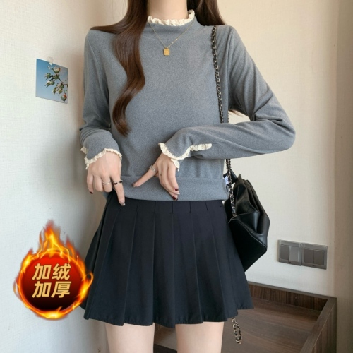 Spot large size German velvet lace double-sided fungus half turtleneck bottoming shirt for women autumn and winter plus velvet top 1832