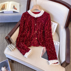 Heavy industry sequin velvet shirt women's autumn and winter design niche lazy style knitted cardigan outer top