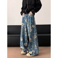 American retro floral print wide leg jeans loose wide leg floor mopping pants