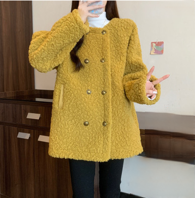 2024 new autumn and winter fat mm plus size women's high-end thickened warm sherpa low round neck cardigan jacket